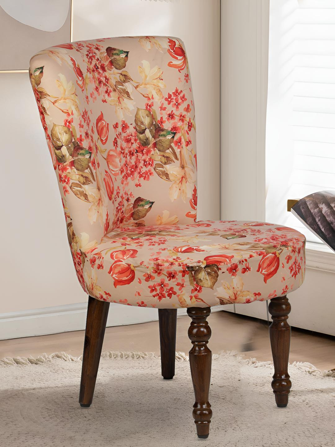 GLOBALLY INDIAN Orange & Beige Printed Wooden Short Heighted Accent-Style Lounge Chair