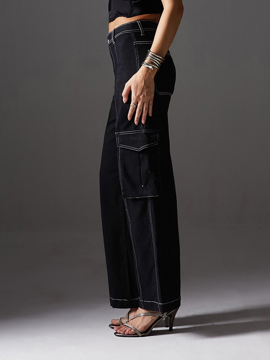Miss Chase Wide-Leg High-Rise Regular-Length Stretchable Patch-Pocketed Denim Jeans