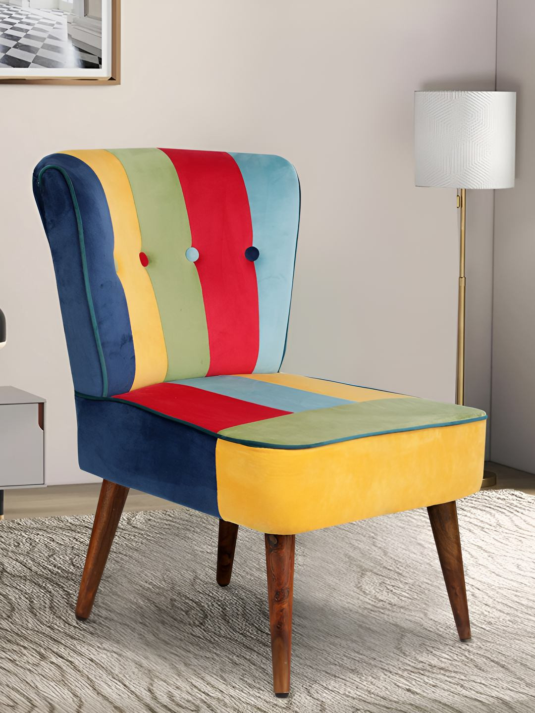 GLOBALLY INDIAN Red And Yellow Printed Modern Accent Wooden Lounge Chair