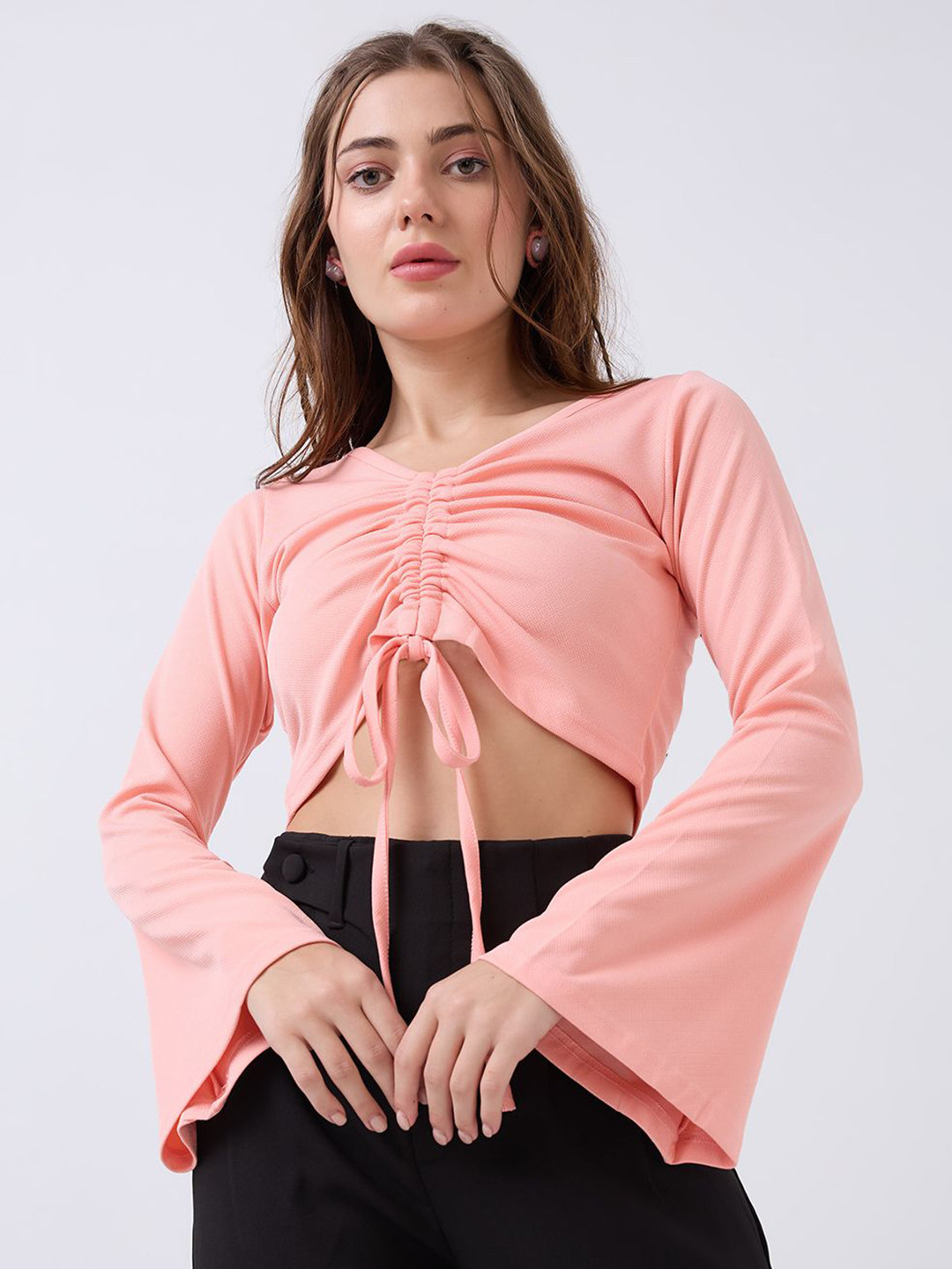 SZN Women Solid Fitted Bell Sleeve Crop Top