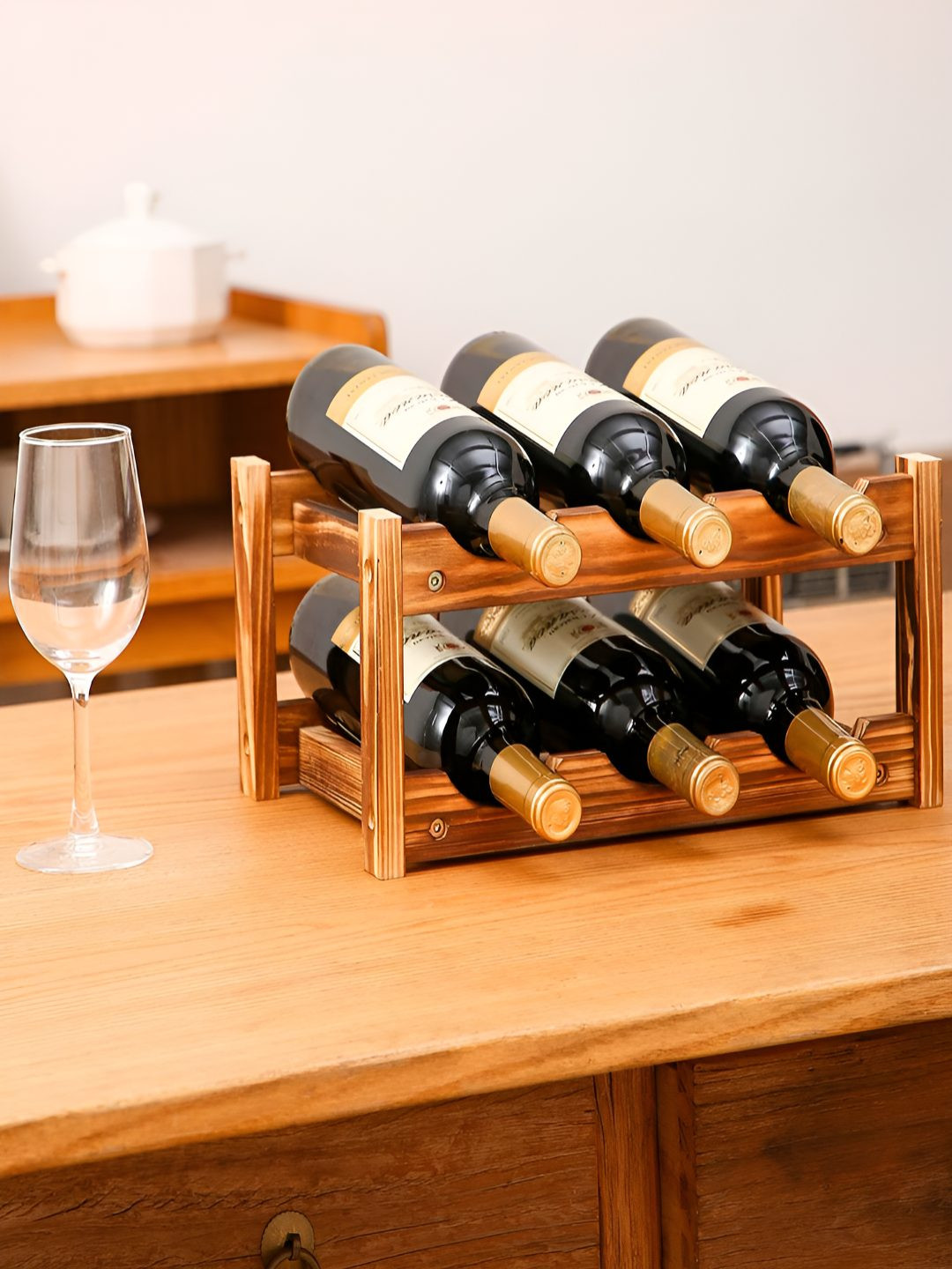 HOKIPO Brown Wooden Wine Bottle Rack