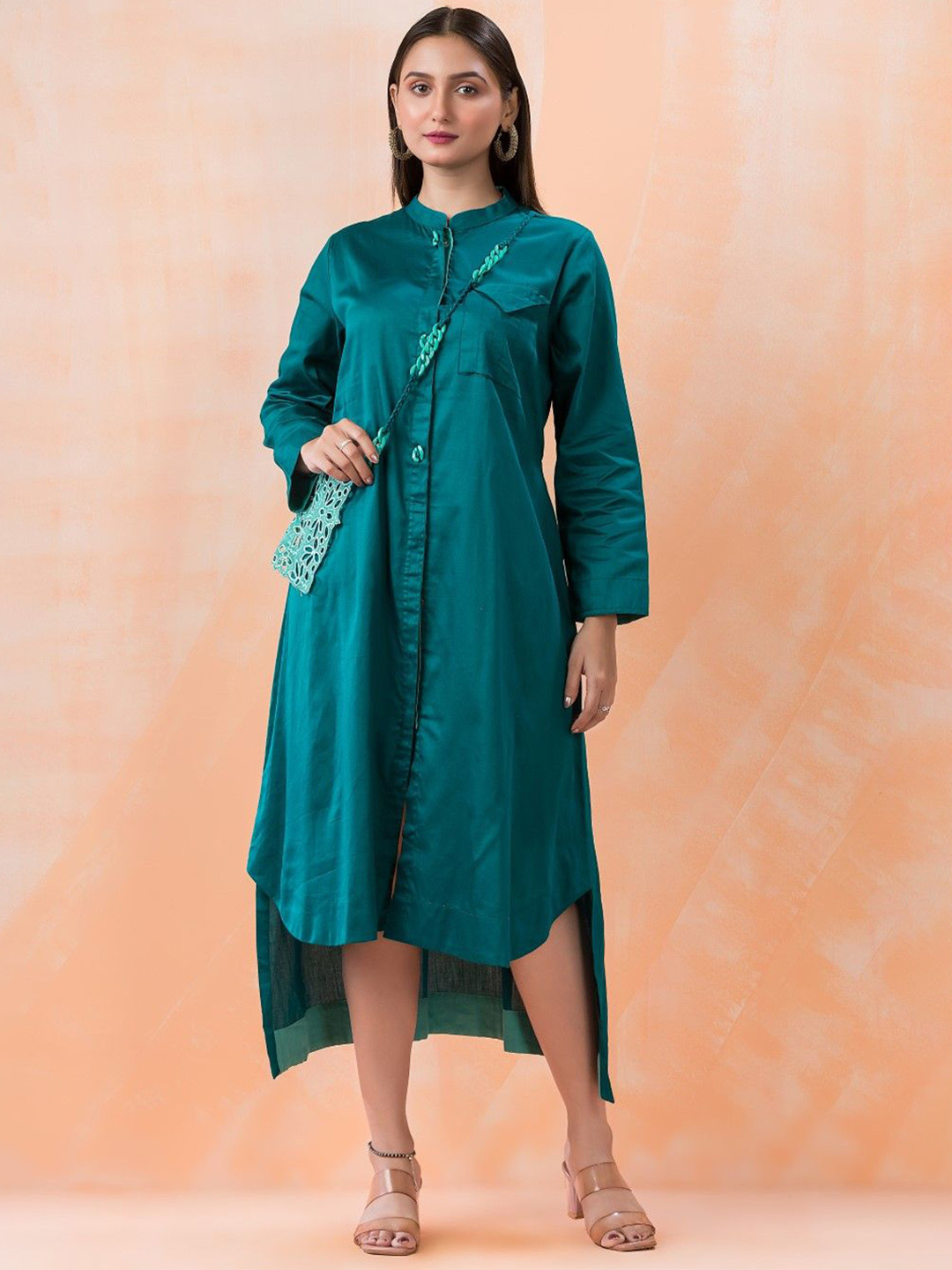 AUTUMN LANE Niharika Women Cotton Shirt Midi Dress with High-Low Hemline