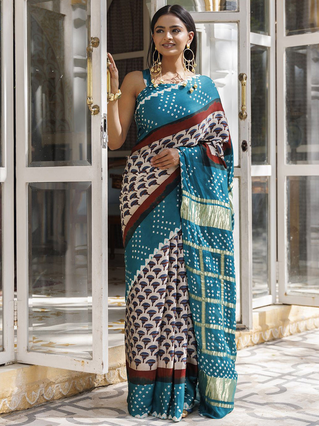Geroo Luxe Ajrak Block  Block Printed Saree  With Zari Gharchola Pallu