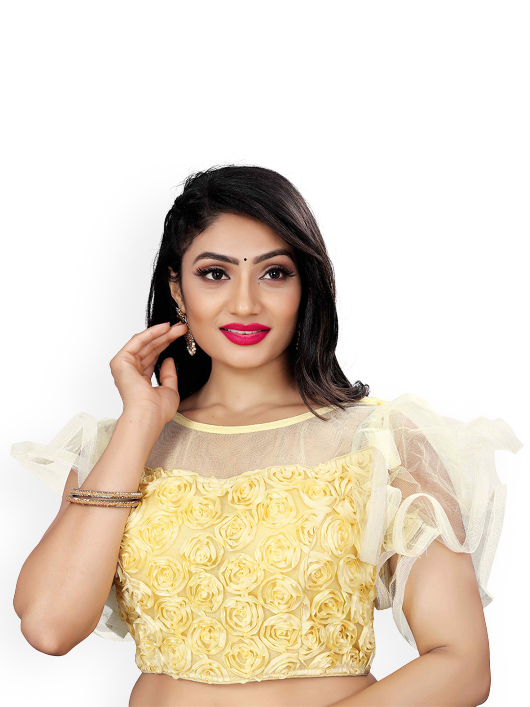 HERE&NOW Women Embroidered Round Neck Net Flir Saree Blouse