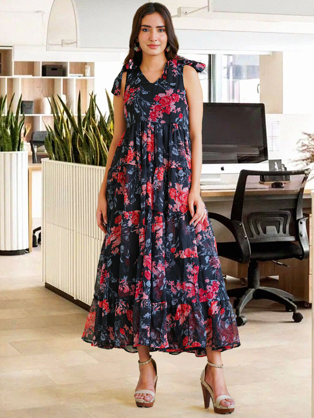 Ambraee Black Tiered & Floral Tie-up Dress