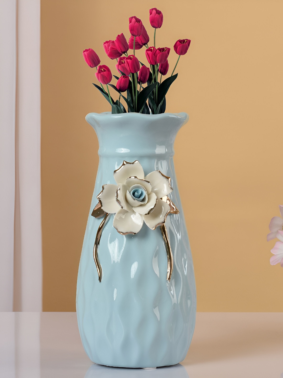 Myntra Elegant Homes Blue & White Flower Design Ceramic Vase