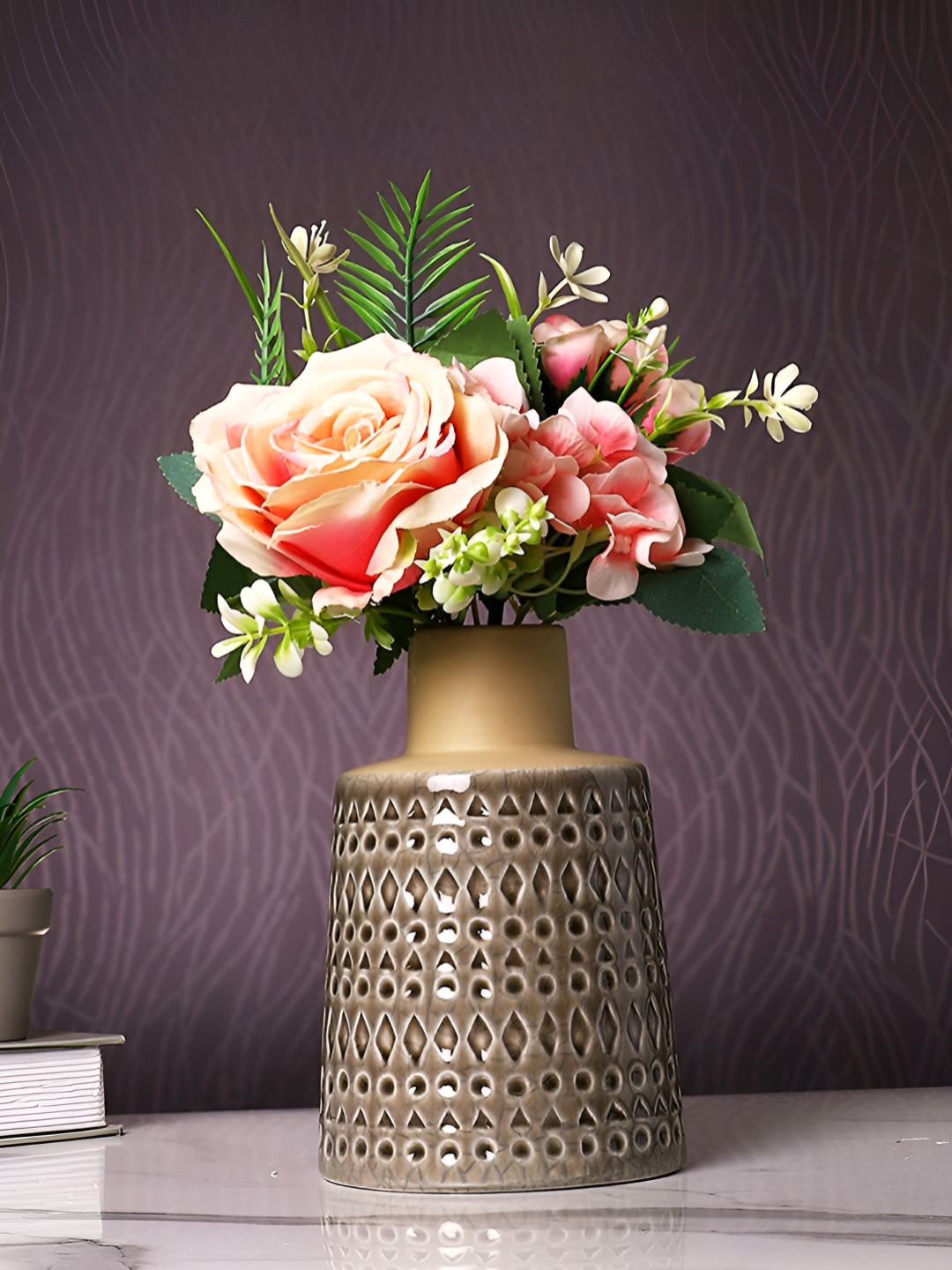 Myntra Elegant Homes Brown & Beige Geometric Designed Ceramic Flower Vase