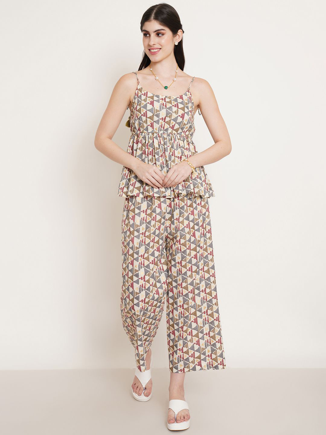JAPER KURTI Abstract Printed Round Neck Pure Cotton Top With Palazzos