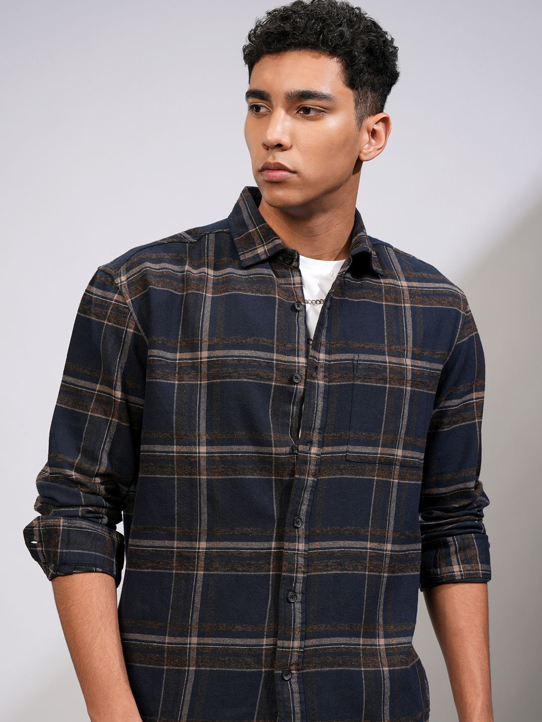 HIGHLANDER Men Flannel Grindle Textured Checked Relaxed Over Regular Fit Shirt