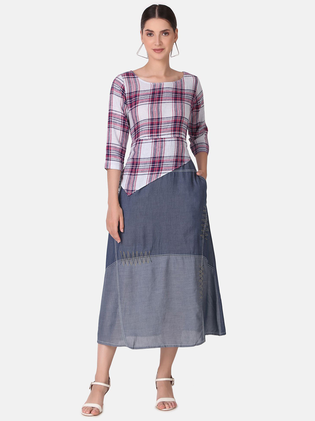 Pose india Checked Cotton Denim Midi Dress