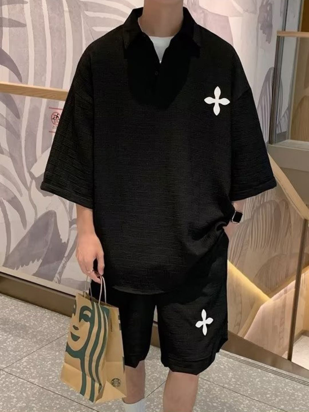 StyleCast Black Self Design Polo Collar T-Shirt With Shorts