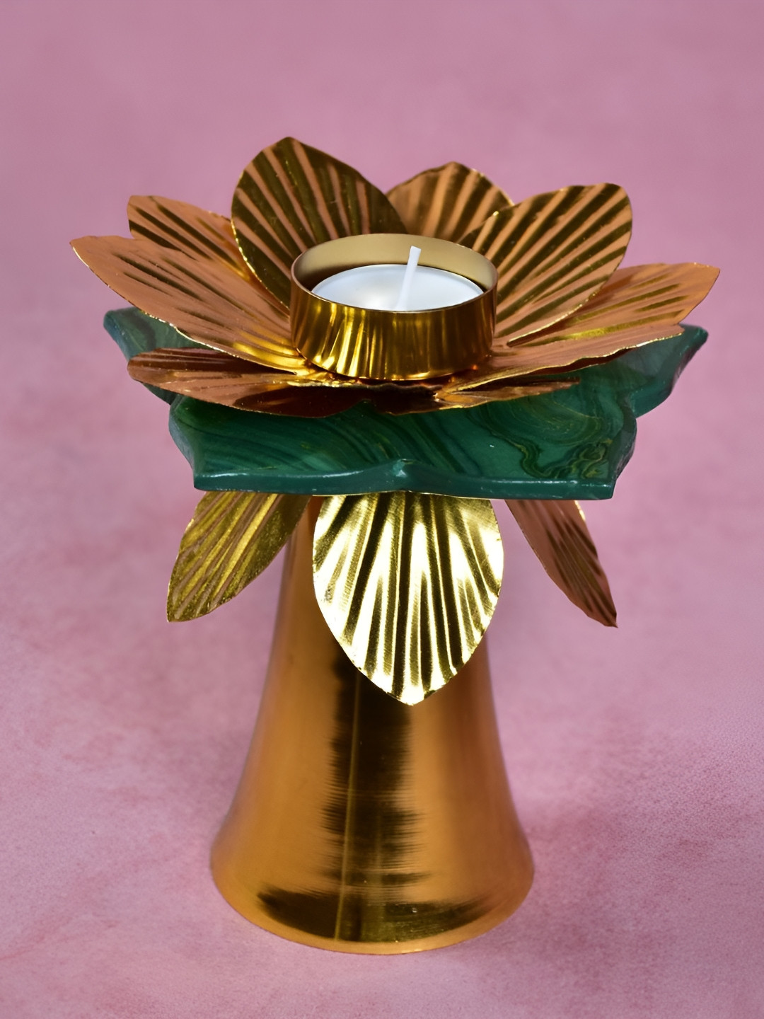 THE HOME CO. Gold-Toned & Green Textured Aluminium Resin Tall Candle Holder