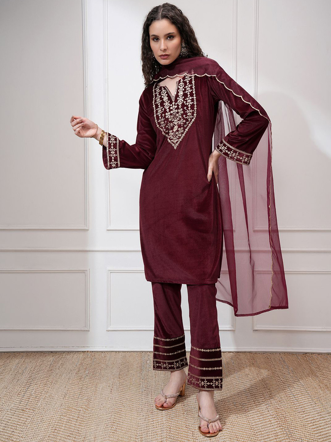 Vishudh Women Embroidered Velvet Short Kurta with Slim Palazzo and Dupatta