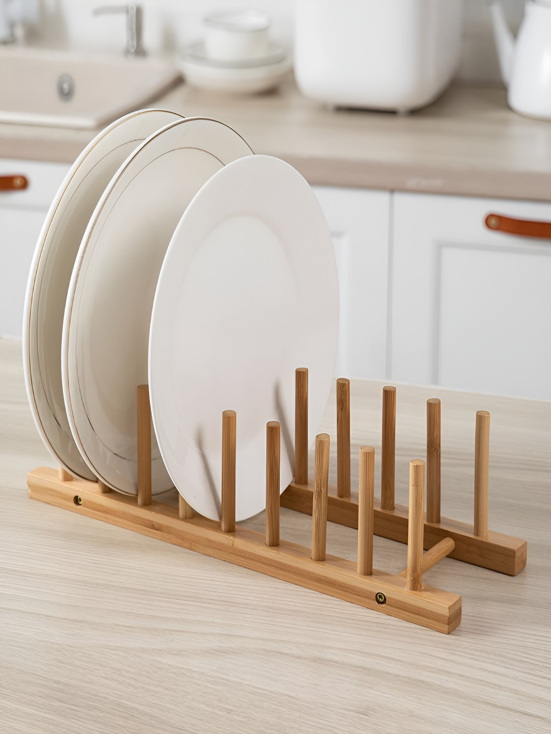 HOKIPO Beige Bamboo Dish Rack with 8 Slots