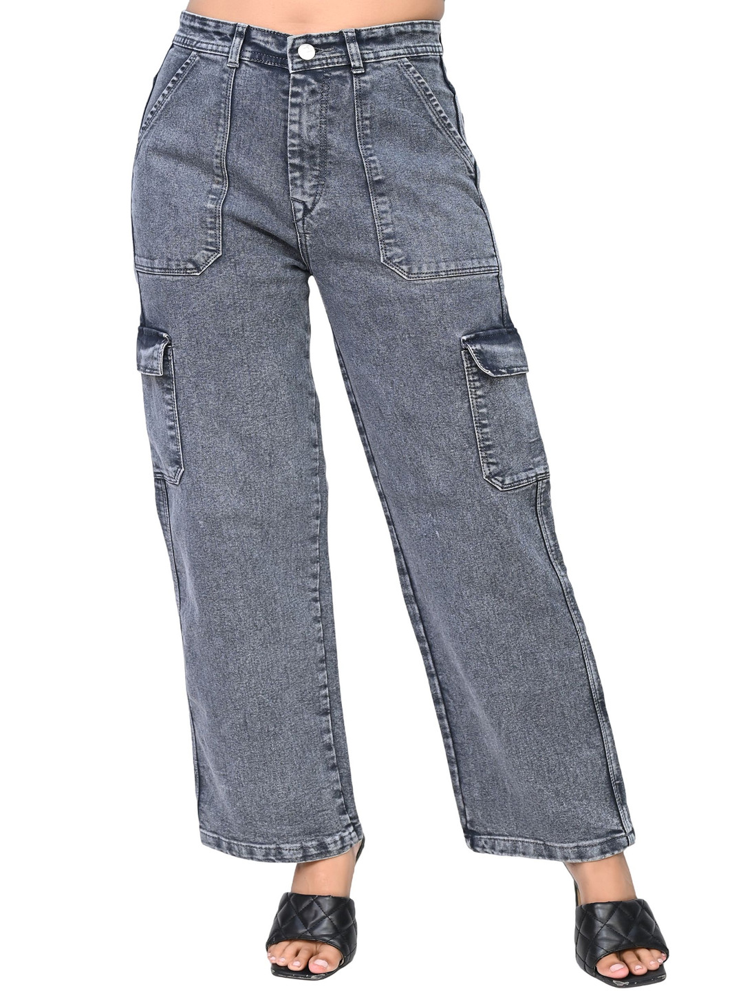 kitty-fashion Women Jean Wide Leg High-Rise Highly Distressed Heavy Fade Jeans