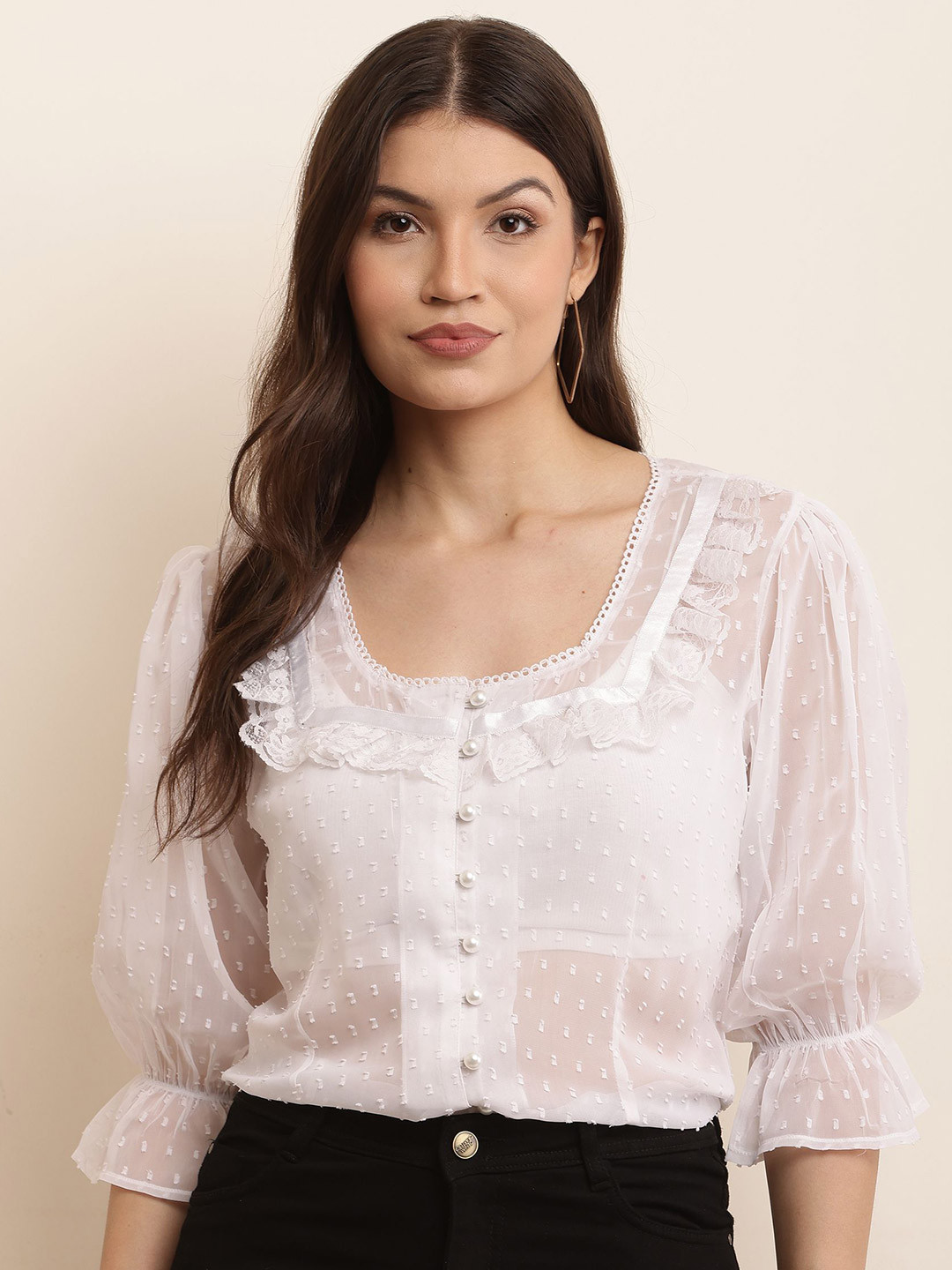 Sash Women Sheer Puff Sleeve Georgette Top