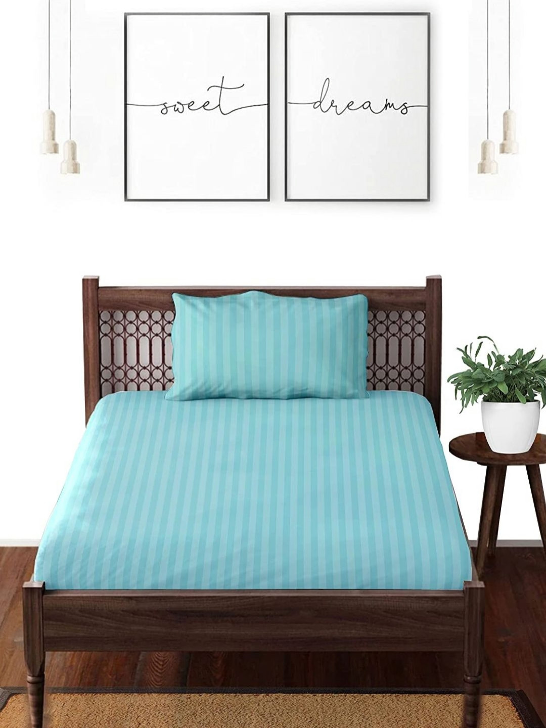 Enchant Home Platinum Blue Striped Cotton Breathable 250 TC Single Fine Bedsheet with a Pillow Cover-90 x 60 inches