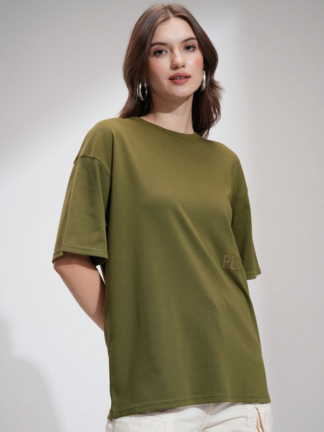 Street By Tokyo Talkies Women Solid Embossed Oversized T-shirt