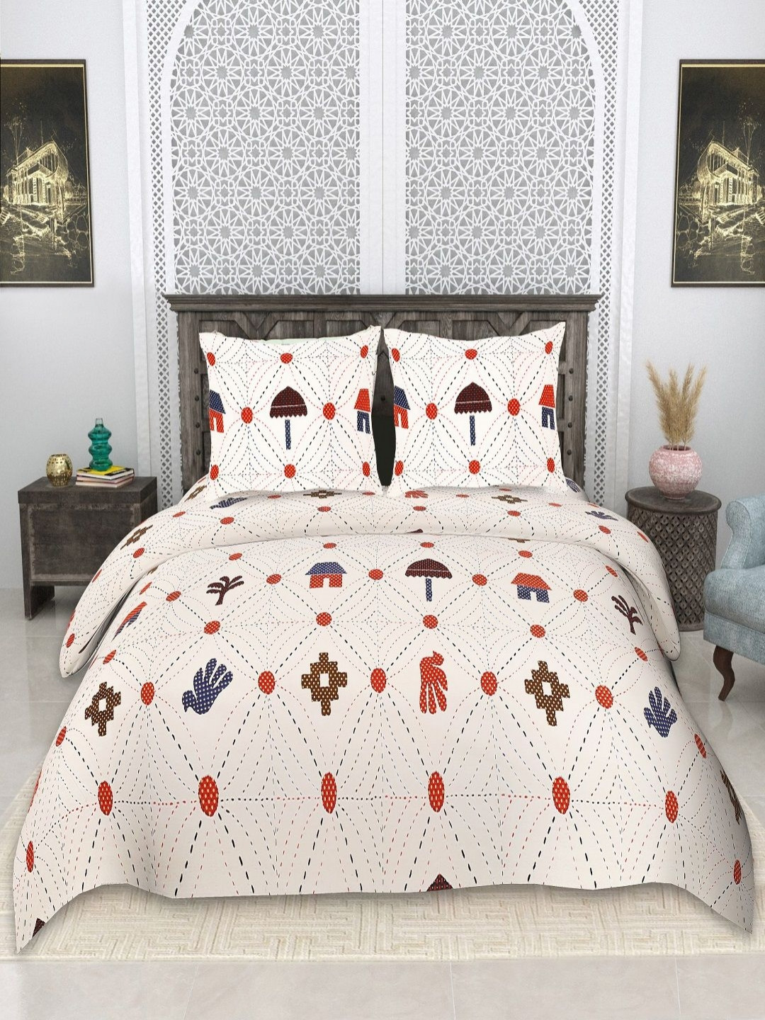 tundwal's Ultra Soft White Geometric Pure Cotton 210 TC King Fine Bedsheet with 2 Pillow Covers-108 x 108 inches