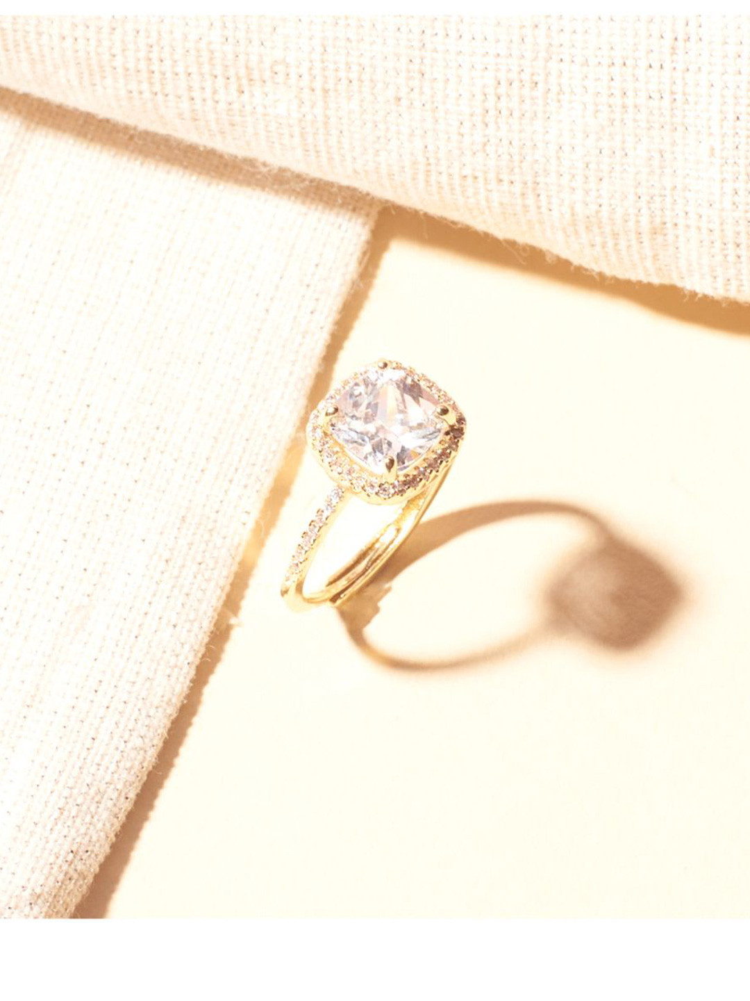 SALTY Gold Shimmering Artificial Stones Studded Cushion-Cut Ring For Women & Girls