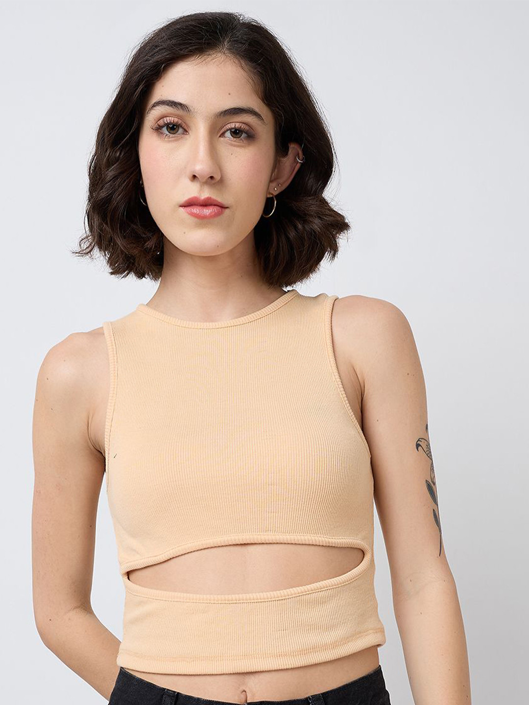 SZN Women Beige Ribbed Cut-Outs Crop Tank Top