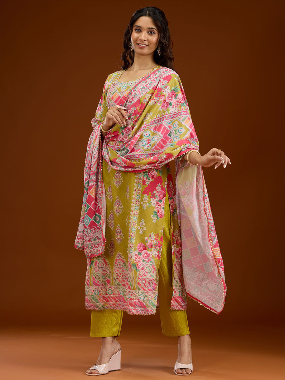 Koskii Floral Printed Stonework Semi Crepe Readymade Salwar Suit