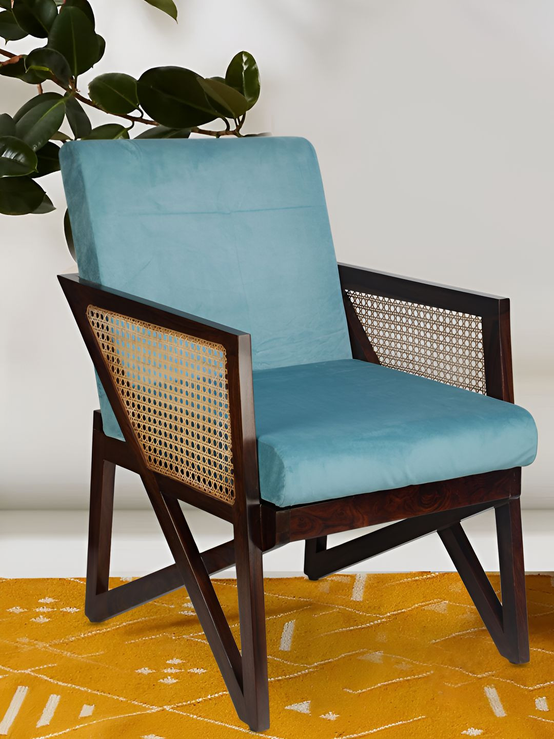 GLOBALLY INDIAN Blue And Brown Wooden Accent Armchair