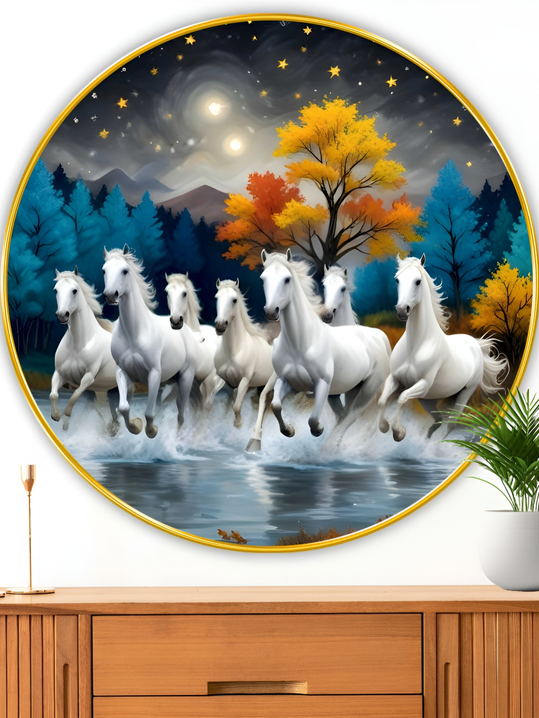 Myntra Elegant Homes White & Yellow 7 Running Horses Birds And Animals Wooden Wall Art