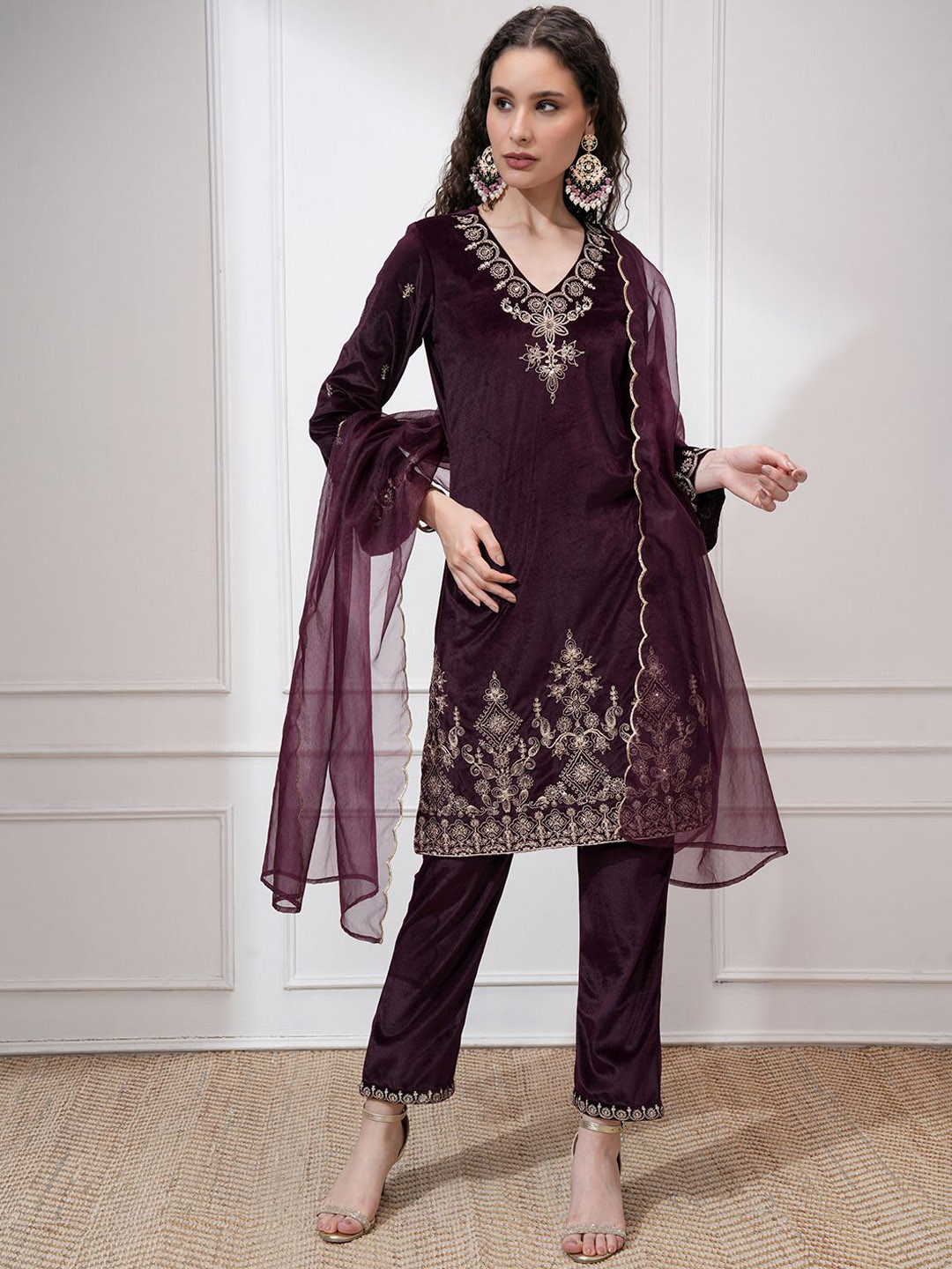Vishudh Women Embroidered Velvet Short Kurta With Slim Palazzo & Dupatta