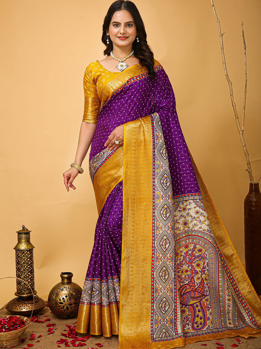 HI FI NX Kalamkari Banarasi Saree with Zari Border & Pallu With Printed Blouse