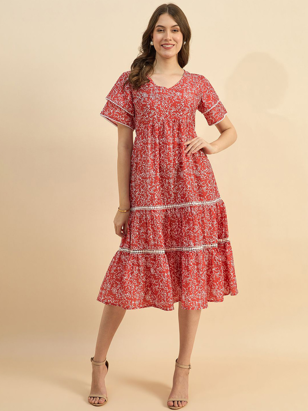 Azira Floral Micro Print Fit & Flare Midi Dress