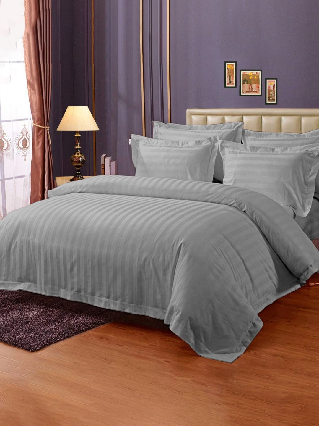 Enchant Home Platinum Silver Striped Cotton Breathable 250 TC King Fine Bedsheet with 2 Pillow Covers-108 x 108 inches