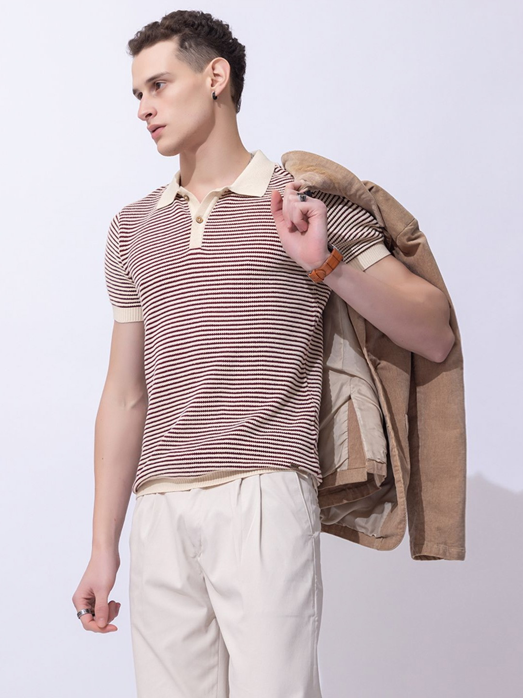 ARMISTO Men Knit Polo Collar Pure Cotton Textured T-shirt