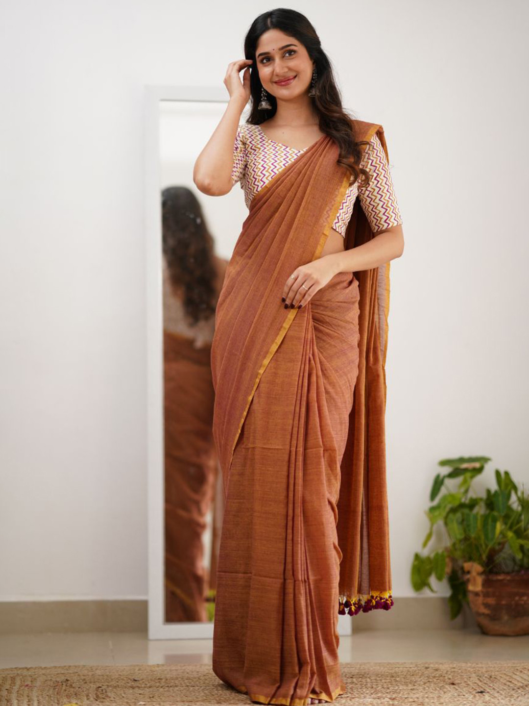 Sutisancha Rust Orange Handloom Cotton Saree with Designer Blouse