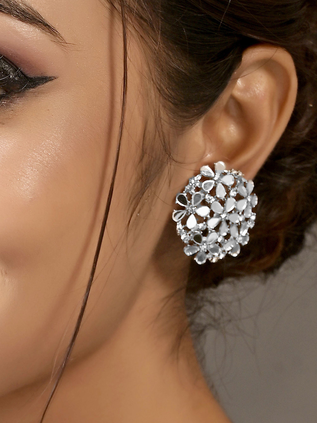 TANAIRA Silver-Plated Cubic Zirconia Studded & Mirror Embellished Circular Studs