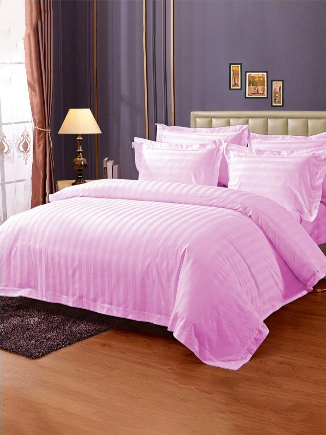 Enchant Home Platinum Pink Striped Pure Cotton 250 TC King Bedsheet Set 2.74m x 2.74m