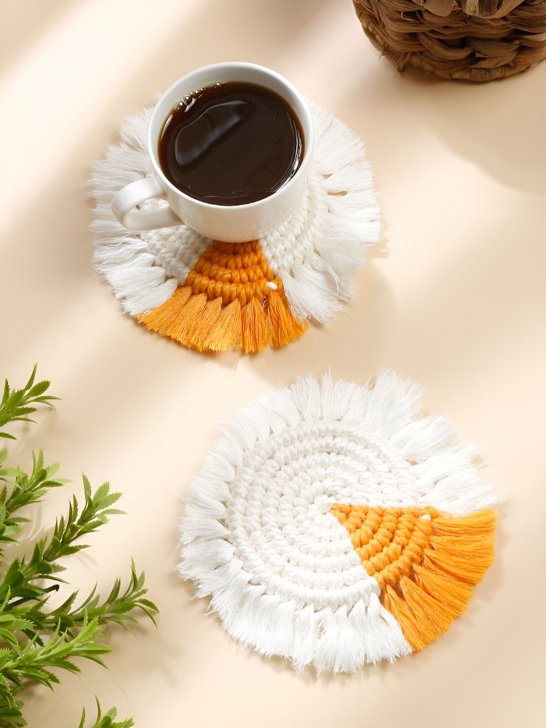 My Creative Hut White & Orange 2 Pcs Round Shape Macrame Coasters
