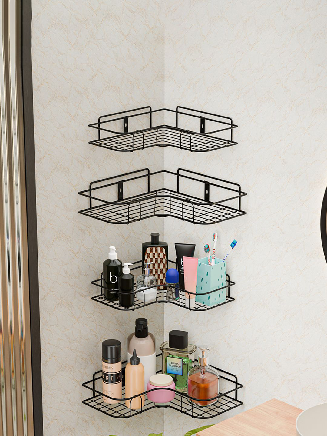 Kuber Industries Black 4 Pieces Self Adhesive Bathroom Organisers With Drill Screws