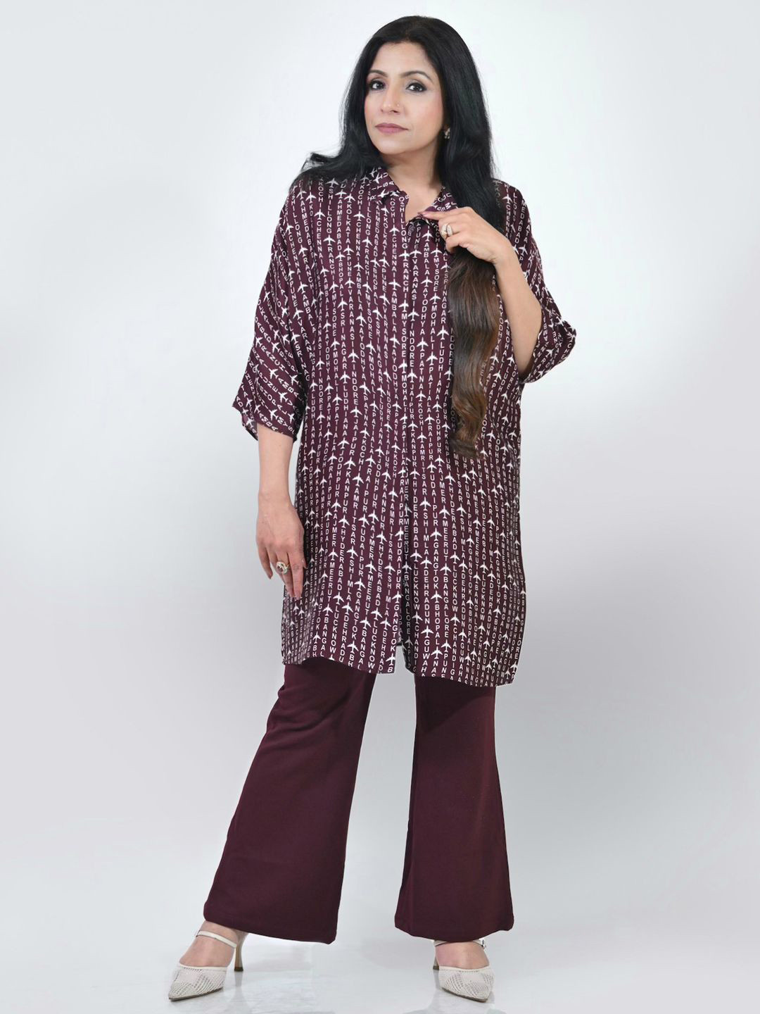 OFFICE & YOU Women Relaxed Fit Spread Collar Typography Printed Satin Casual Shirt