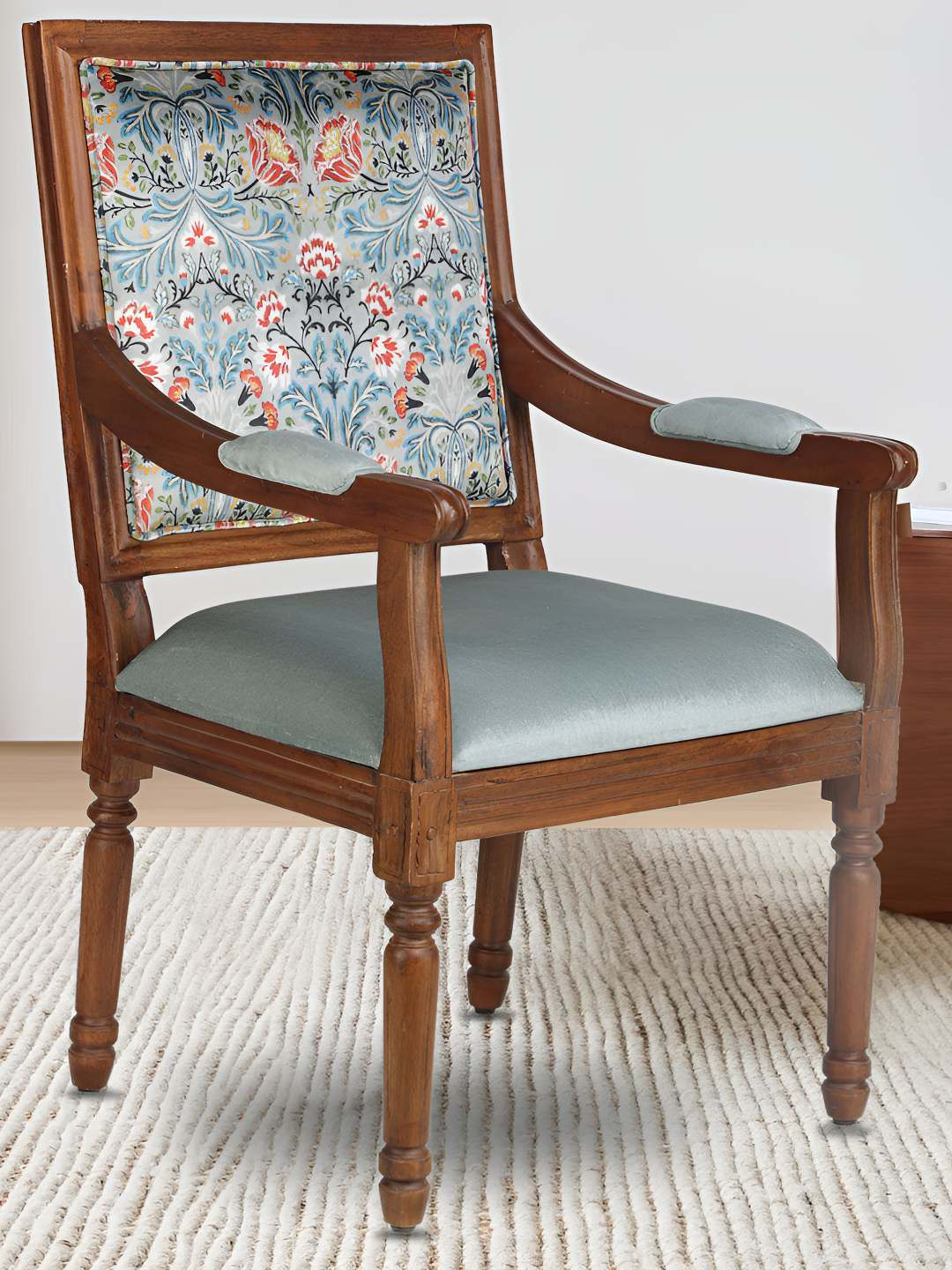 GLOBALLY INDIAN Brown And Blue Printed Classic Accent Wooden Lounge Chair