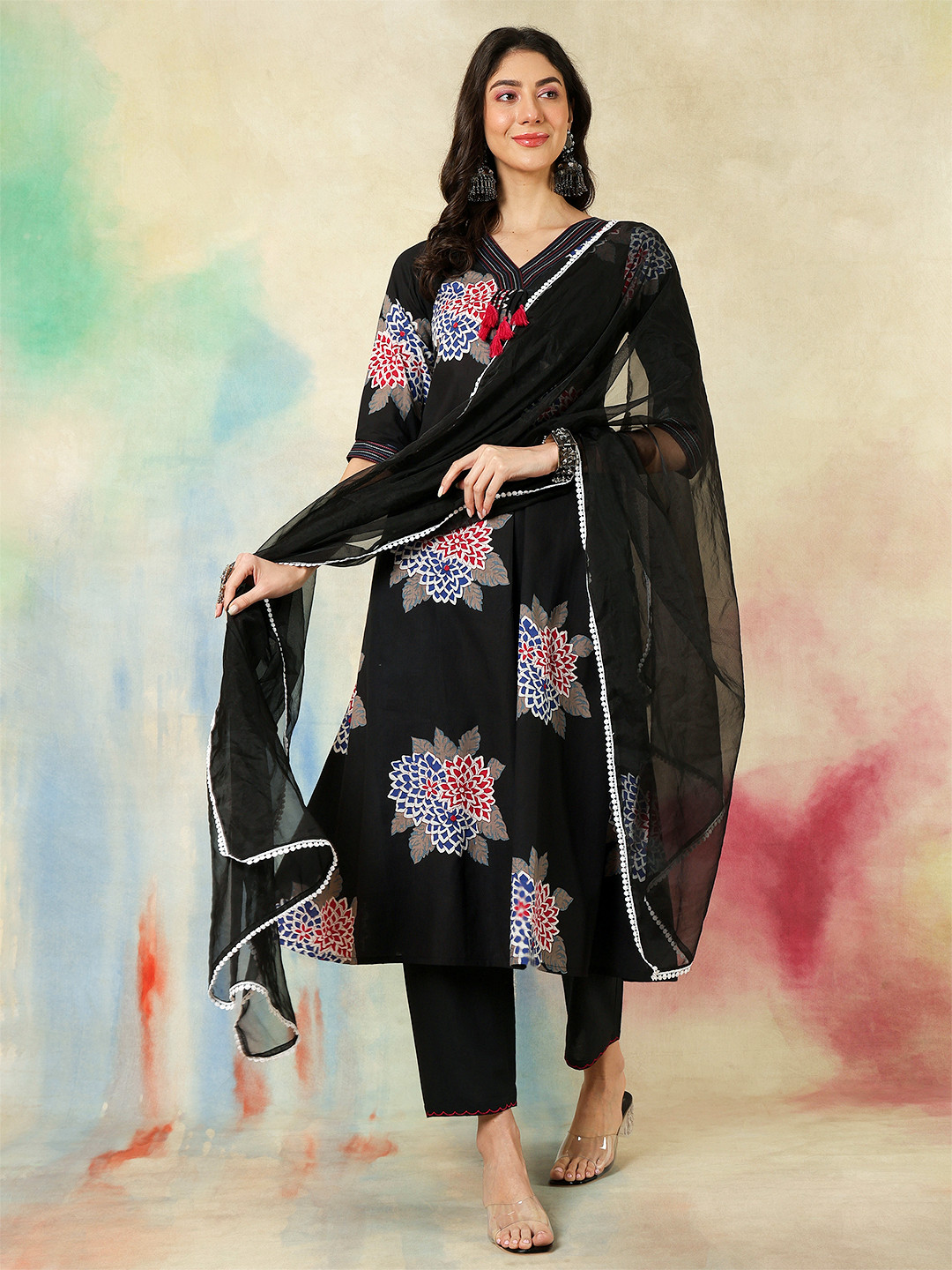 KIMAYRA Floral Printed V-Neck A-Line Kurta With Trousers And Dupatta