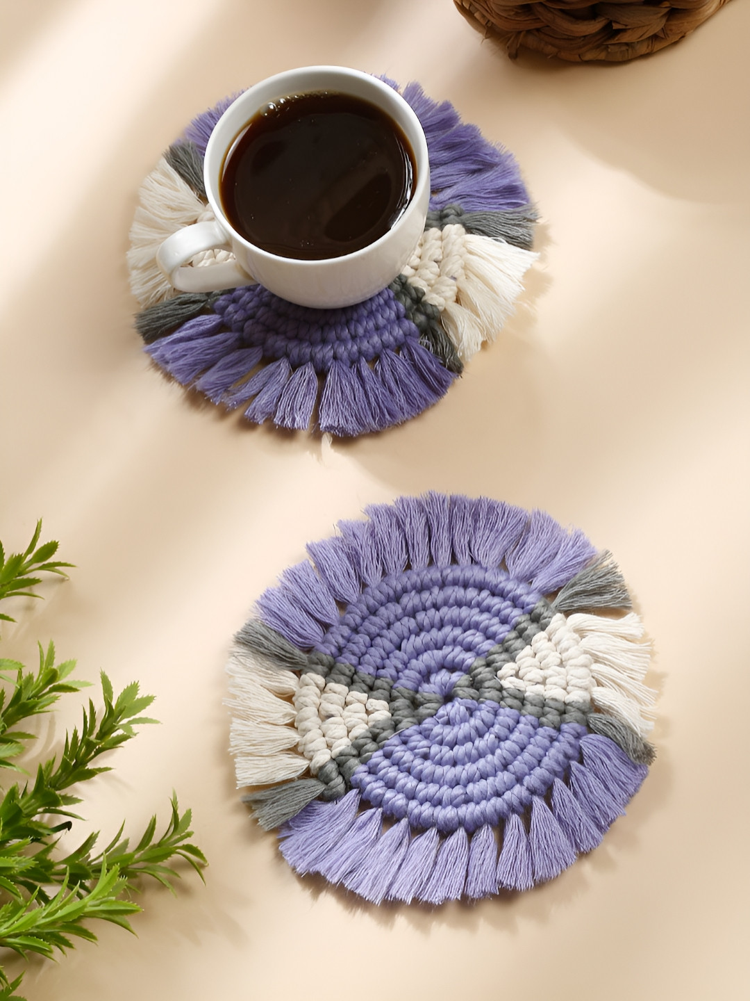 My Creative Hut Purple & White 2Pcs Cotton Round Coasters
