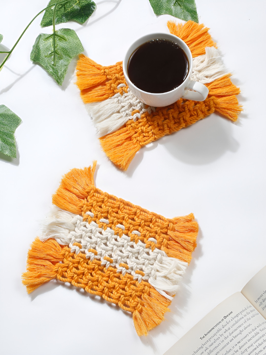 My Creative Hut Orange & White 2 Pieces Braided Bohomian Style Square Coasters