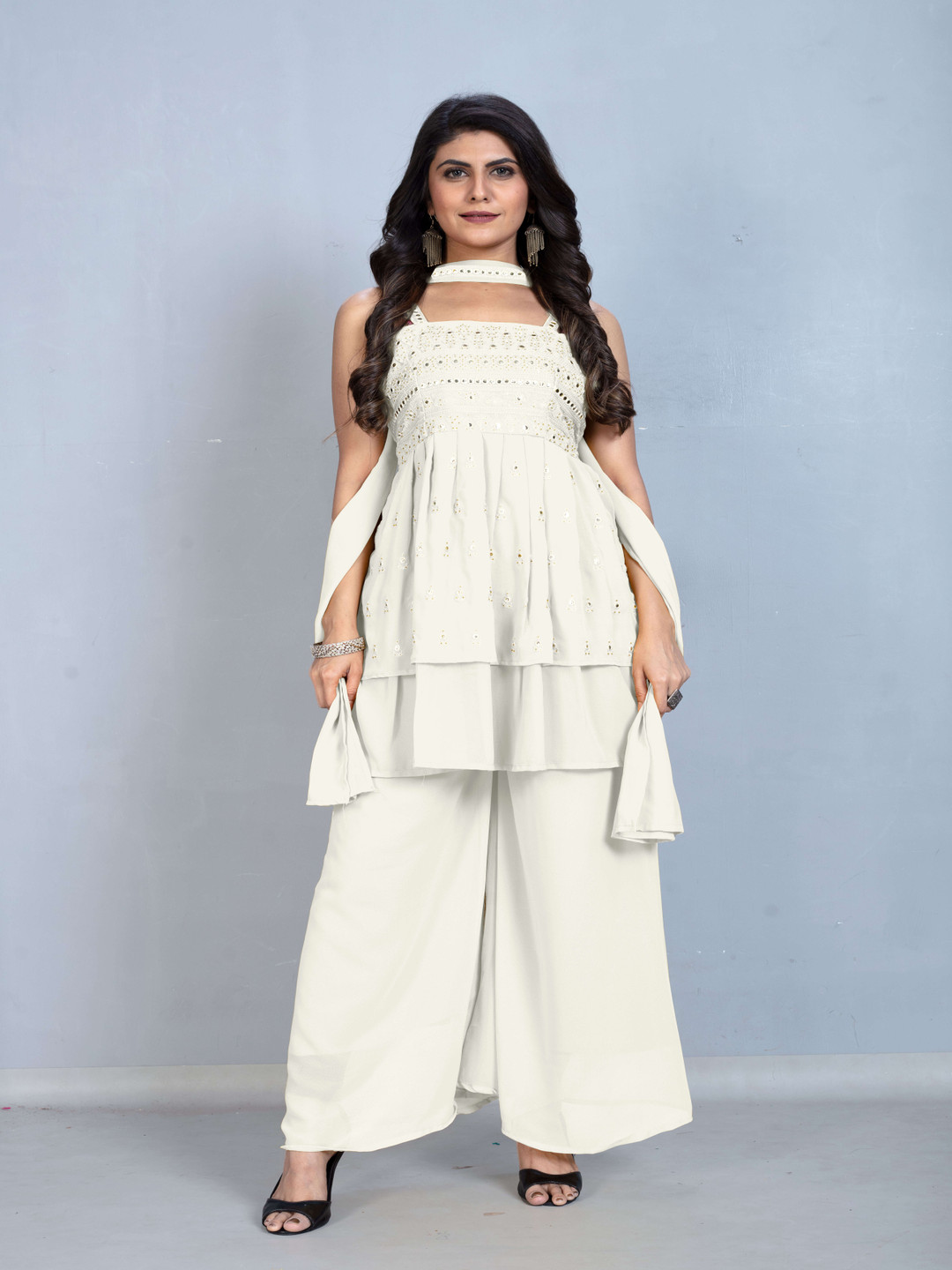 SANCIA Floral Embroidered Mirror Work Georgette Anarkali Kurta With Palazzos And Dupatta