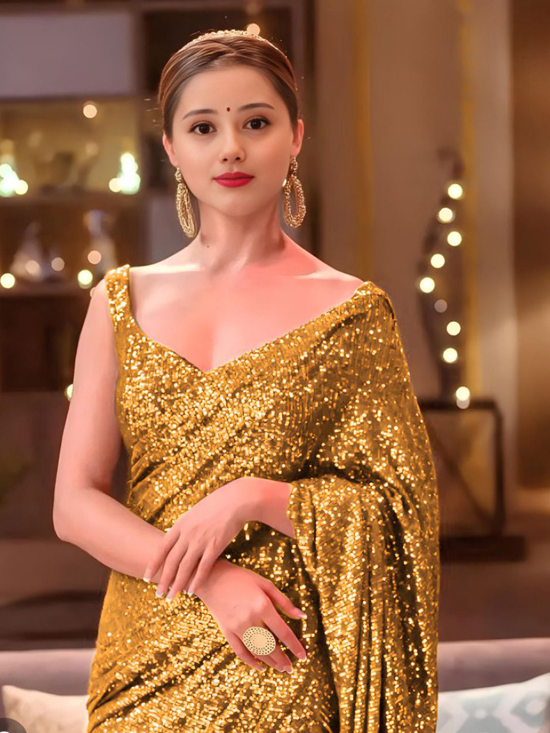 SHYAMLATA Embellished Sequinned Poly Georgette Heavy Work Saree