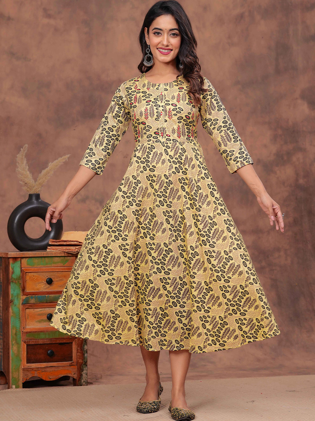 HEARTLOOM HEARTLOOM Women Printed Pure Cotton Fit and Flare Midi Ethnic Dress