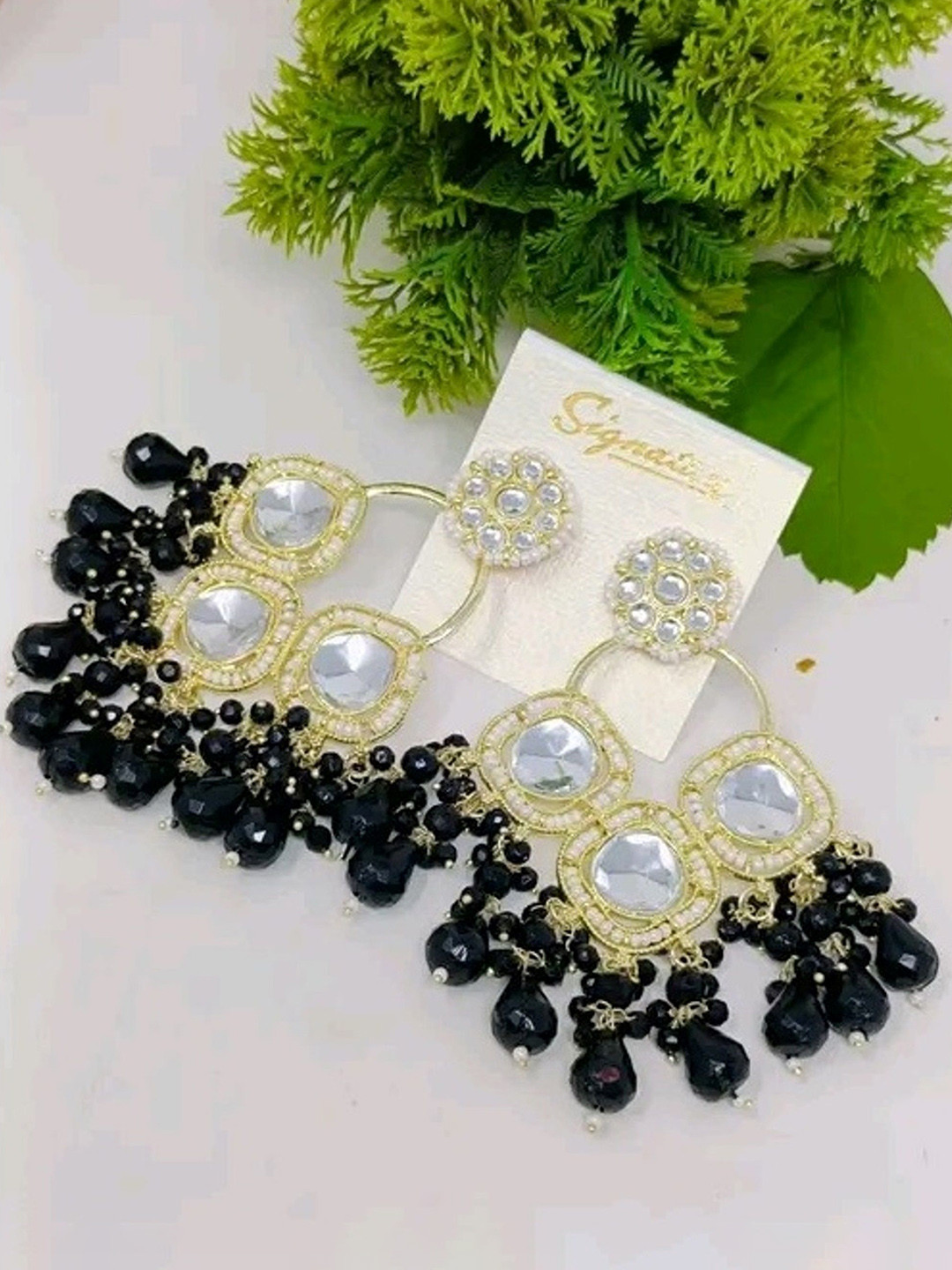 MADDY SPACE Silver-Plated Artificial Stones Studded And Beaded Contemporary Drop Earrings