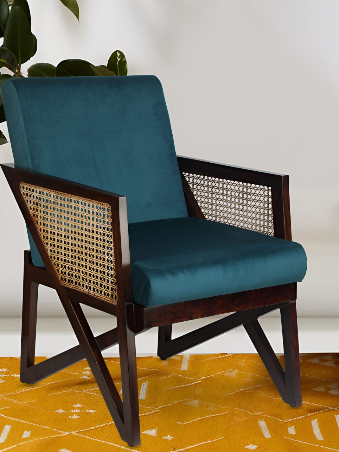 GLOBALLY INDIAN Teal Blue And Brown Accent Wooden Lounge Chair
