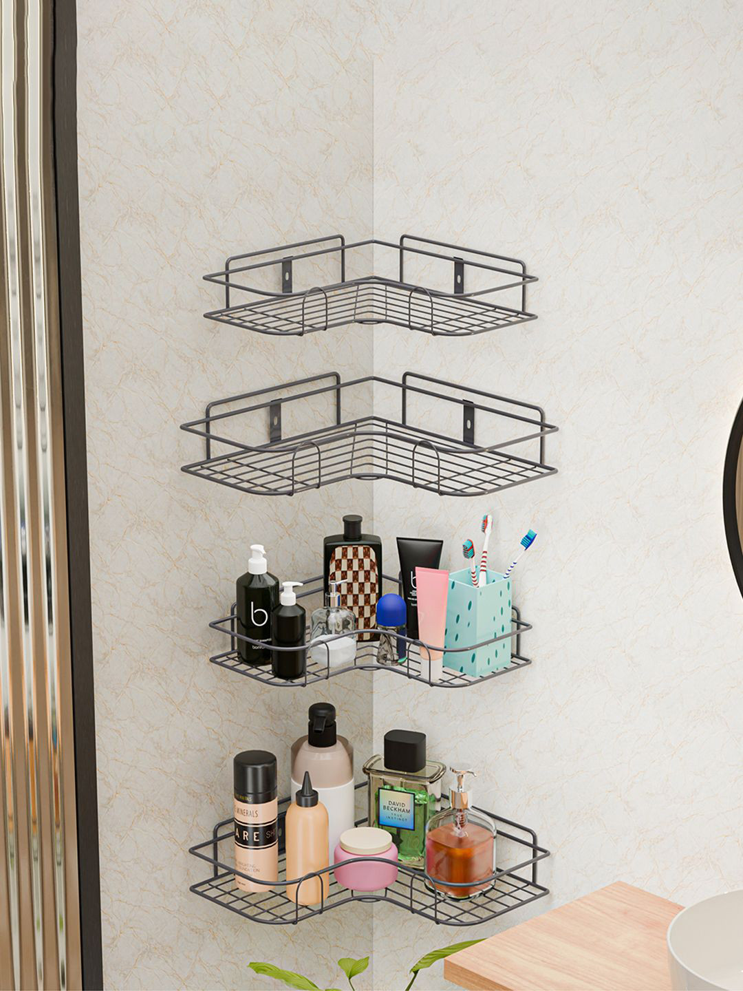 Kuber Industries Grey 4 Pieces Corner Self Adhesive Bathroom Organiser with Drill Screws