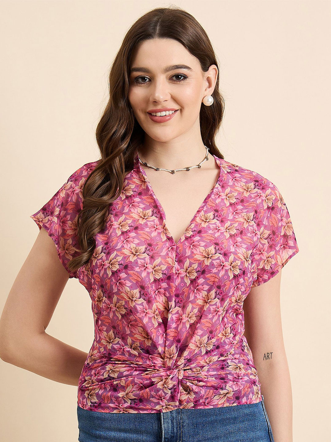 Mast & Harbour Floral Printed Front Knot Twisted Top